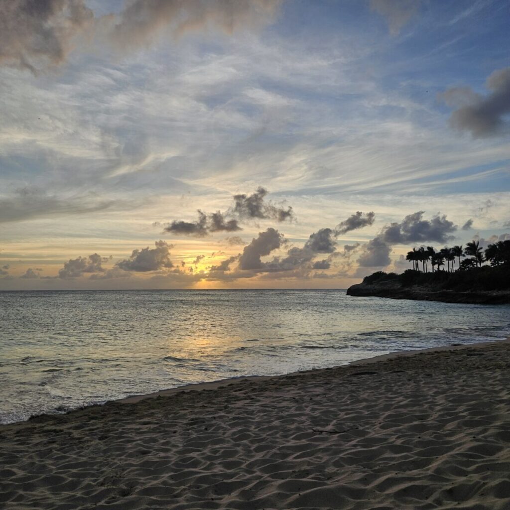 Cloudy sunset over a calm ocean, sandy beach in the foreground, and palm trees on a distant rocky shore.